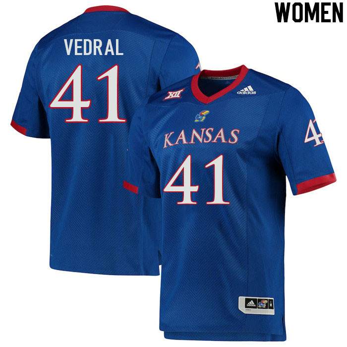 Women #41 Ezra Vedral Kansas Jayhawks College Football Jerseys Stitched Sale-Royal